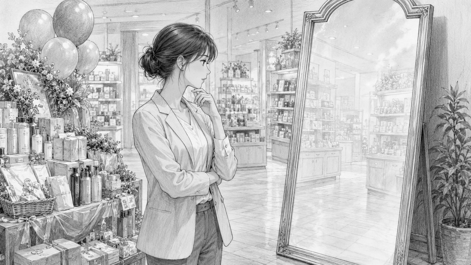 キャンペーンのある現実の店舗と、鏡に映るキャンペーンのない世界を見比べる店舗責任者