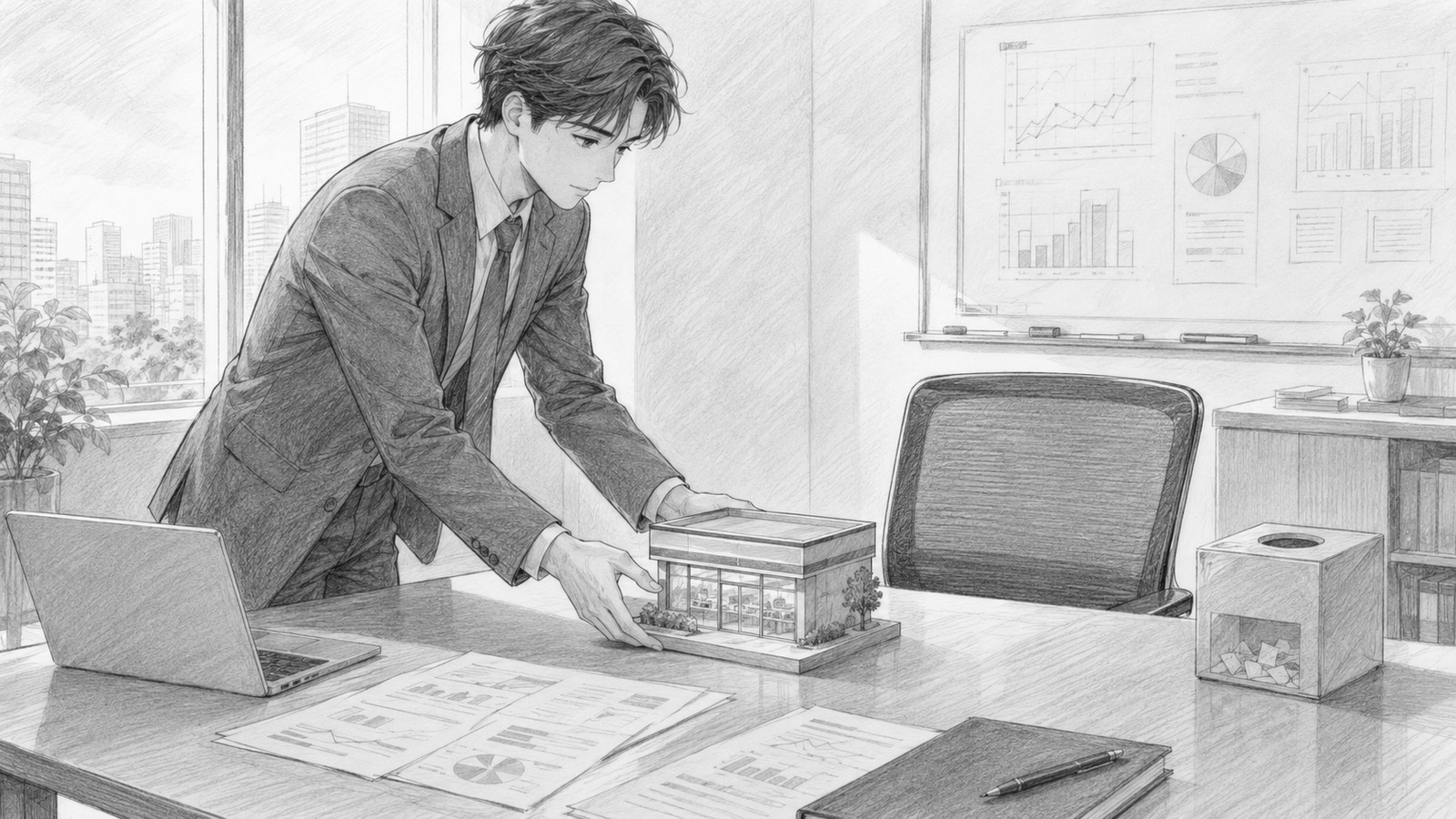観測できない世界を示す空席の前に、似た店舗の模型を代役として置く分析担当者