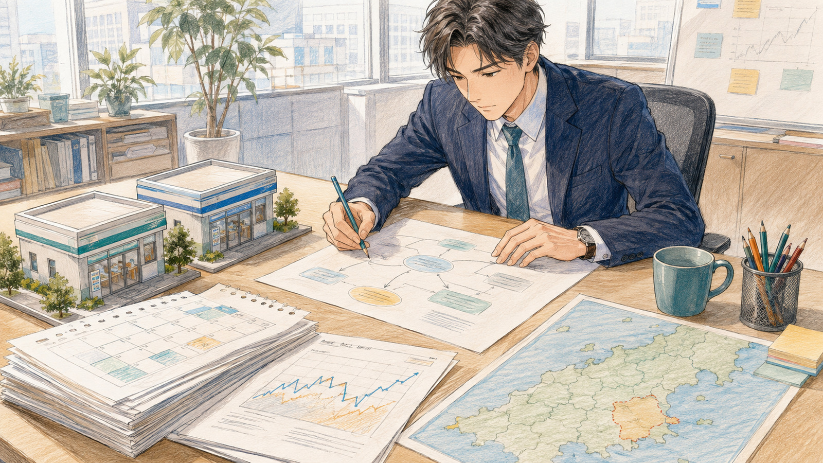 似た店舗、過去データ、未実施地域という3つの比較材料を検討する分析担当者