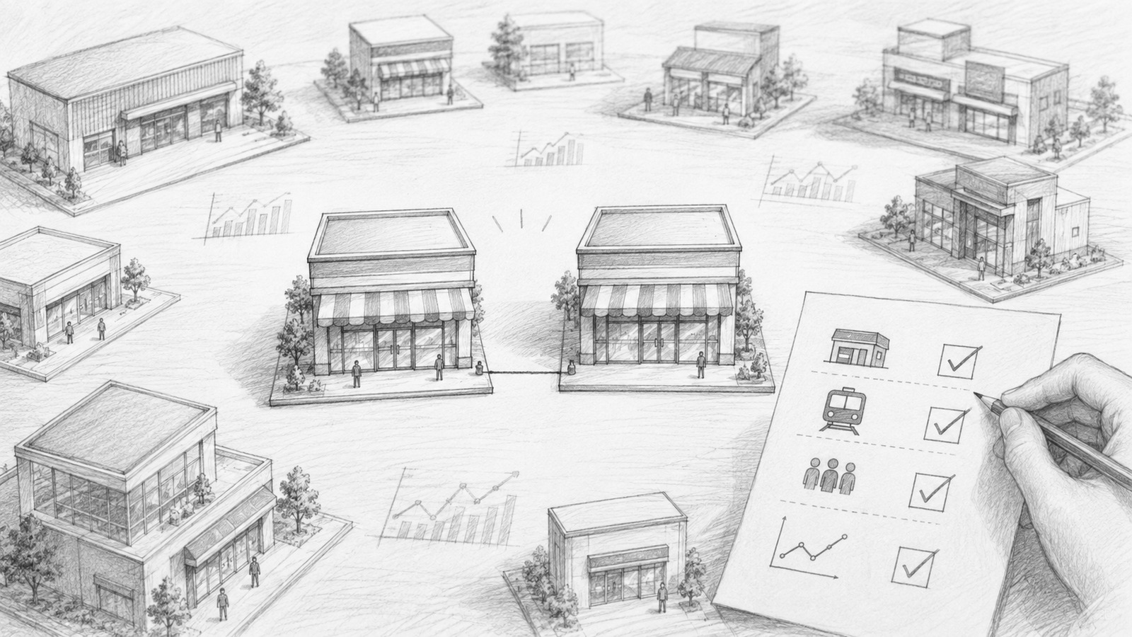 複数の店舗候補から条件の近い2店舗を選び、比較対象として結びつける様子