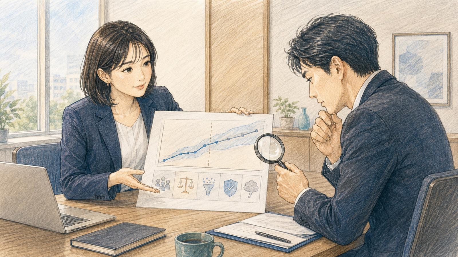 効果測定の結果と前提条件を虫眼鏡で慎重に確認する意思決定者