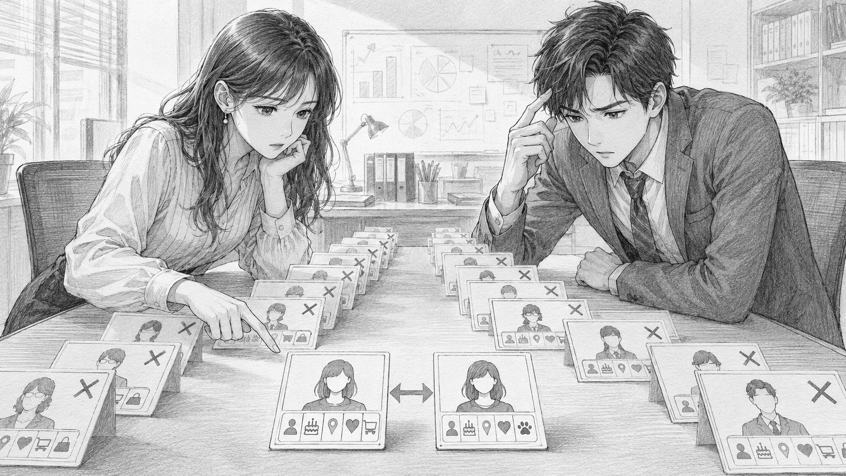 条件カードを重ねるほどペアの相手が減っていき、困り顔になる分析担当者