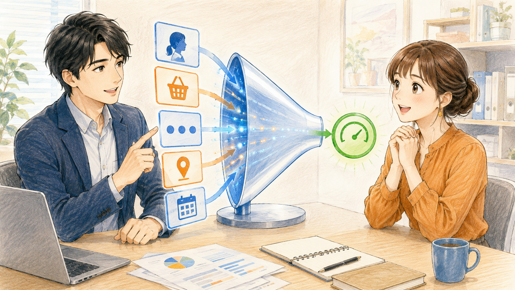 多数の条件カードが1枚の点数カードにまとまっていく様子
