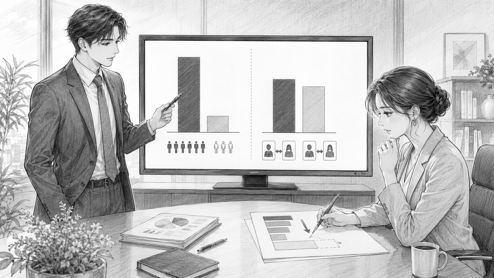 1.8倍と1.15倍の2つの棒グラフを見比べ、判断を改める経営会議の様子