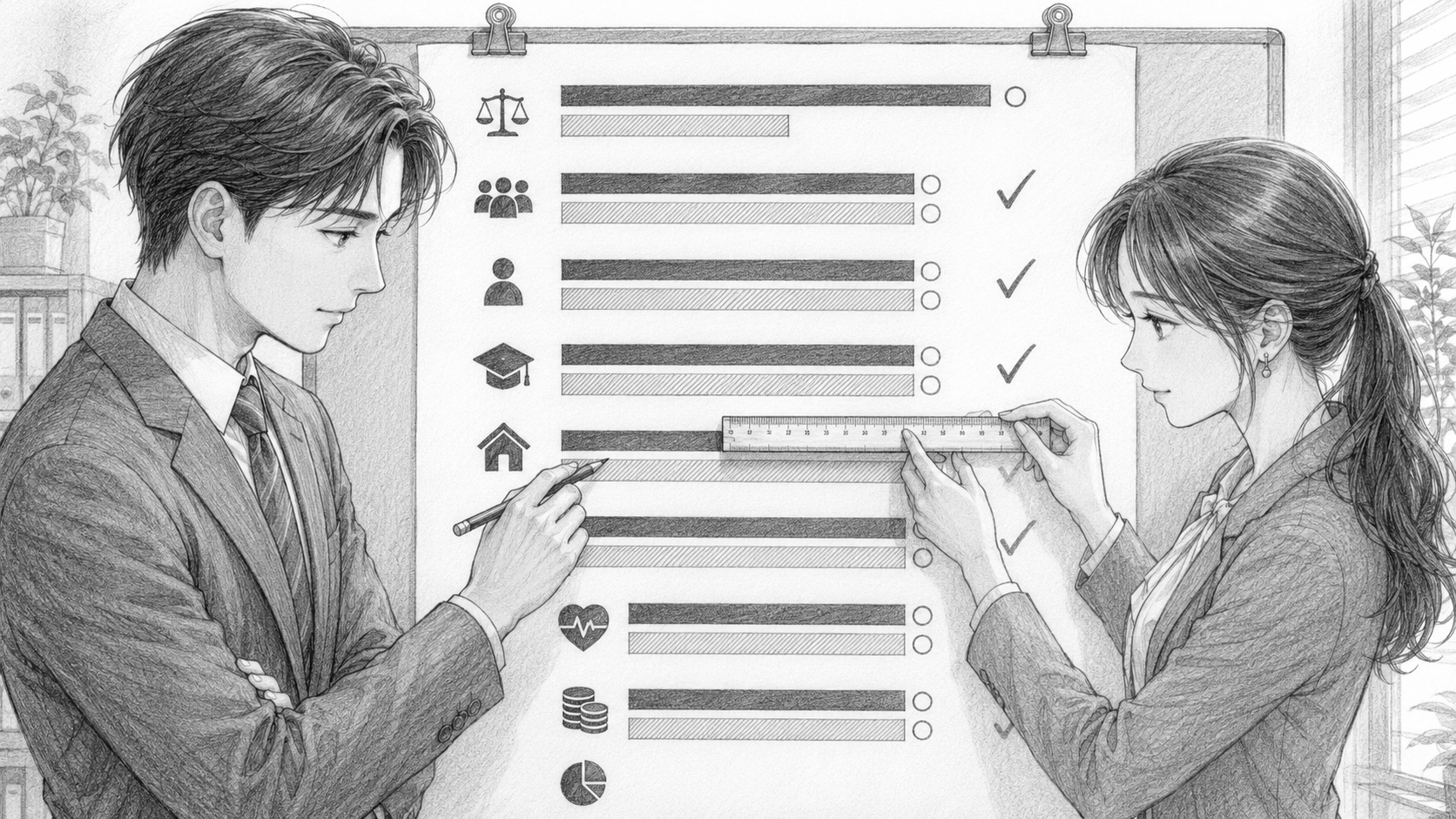 ペアの前後で数値が揃っていく比較表を指差して確認する様子