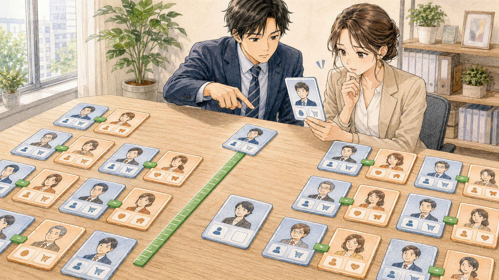 高得点側に相手がいない分布図と、欠けたデータ項目を前に立ち止まる分析担当者