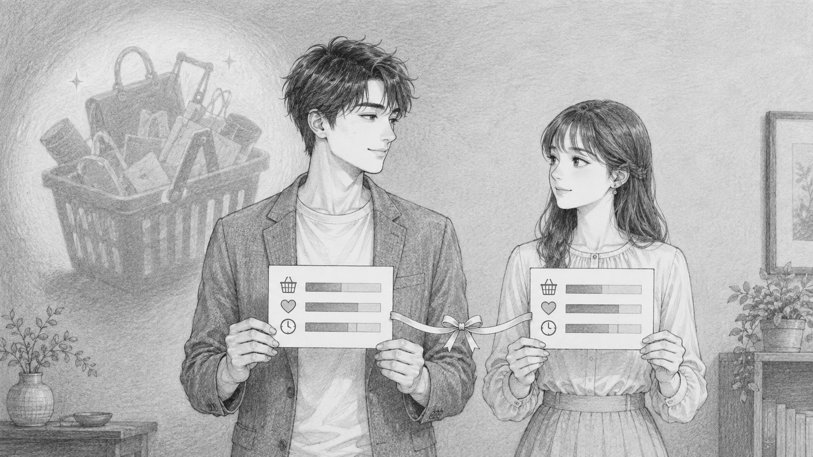 「買い物好き」という見えない性質がデータの外側にあることを示す図を前にした分析担当者