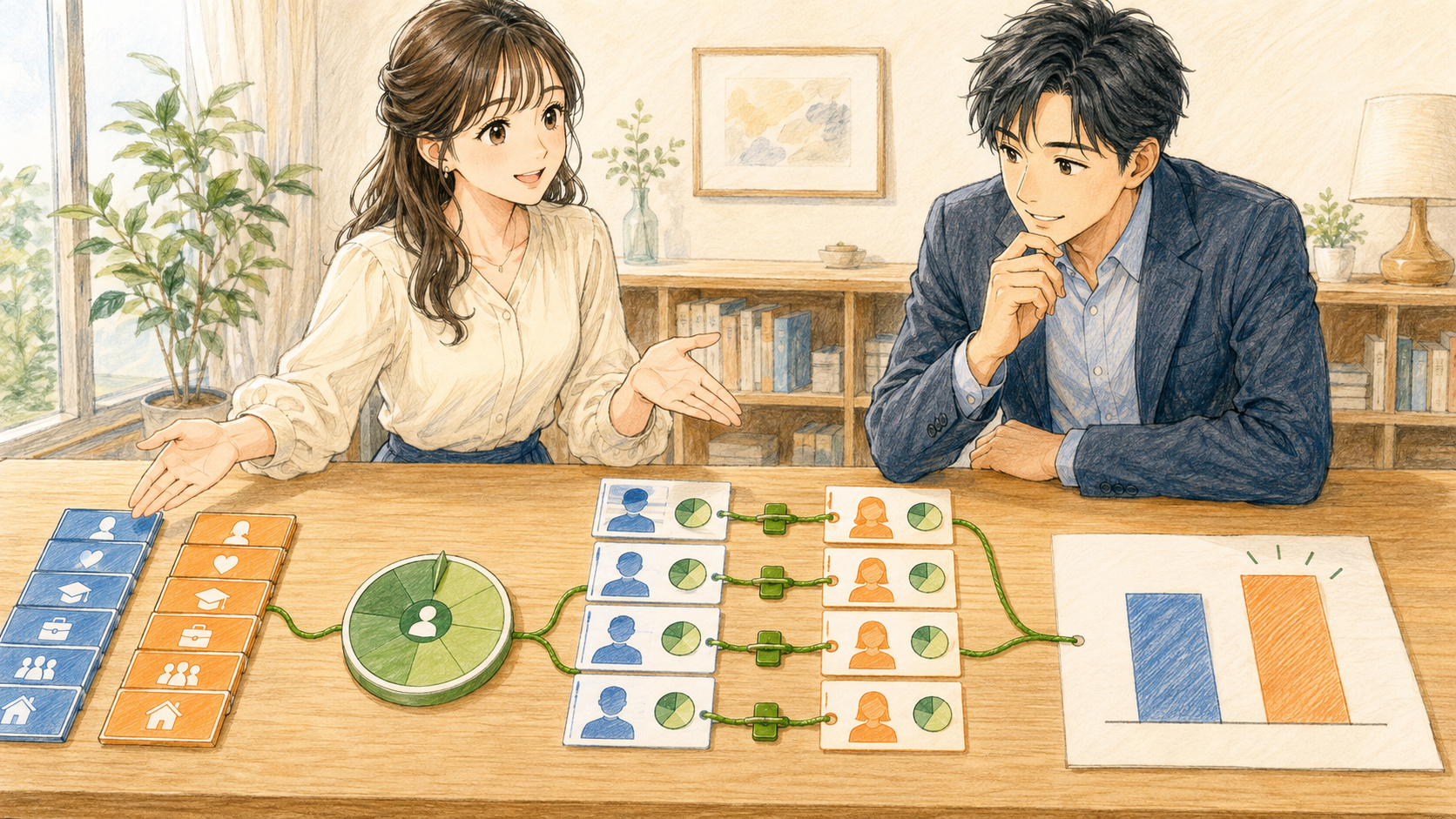 点数でペアになった似た者同士を比べながら、確認ポイントを指差す分析担当者