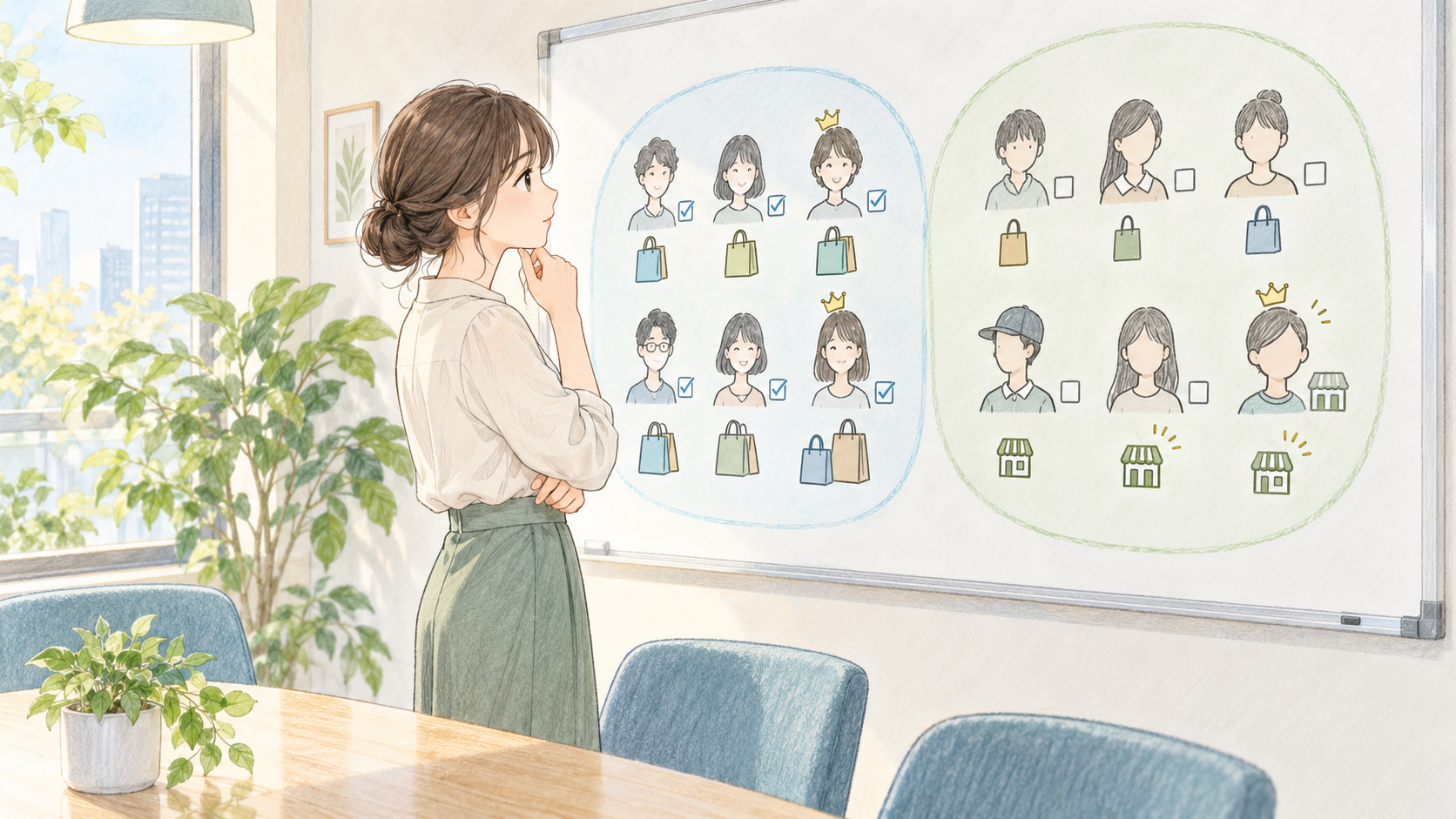 回答者と未回答者の購買履歴を並べた比較表を確認する担当者