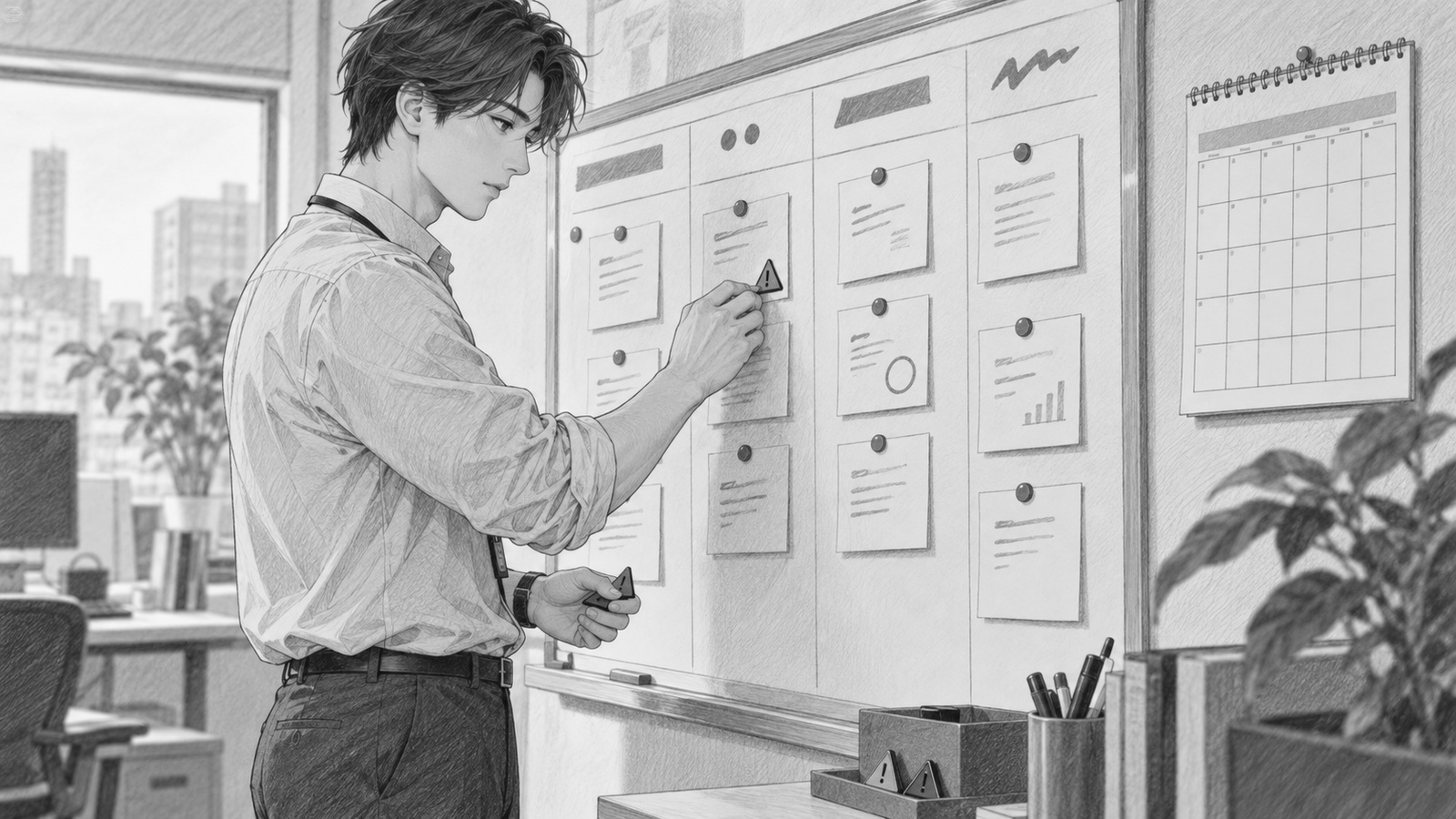 停滞した商談に注意の印を付ける営業企画担当者