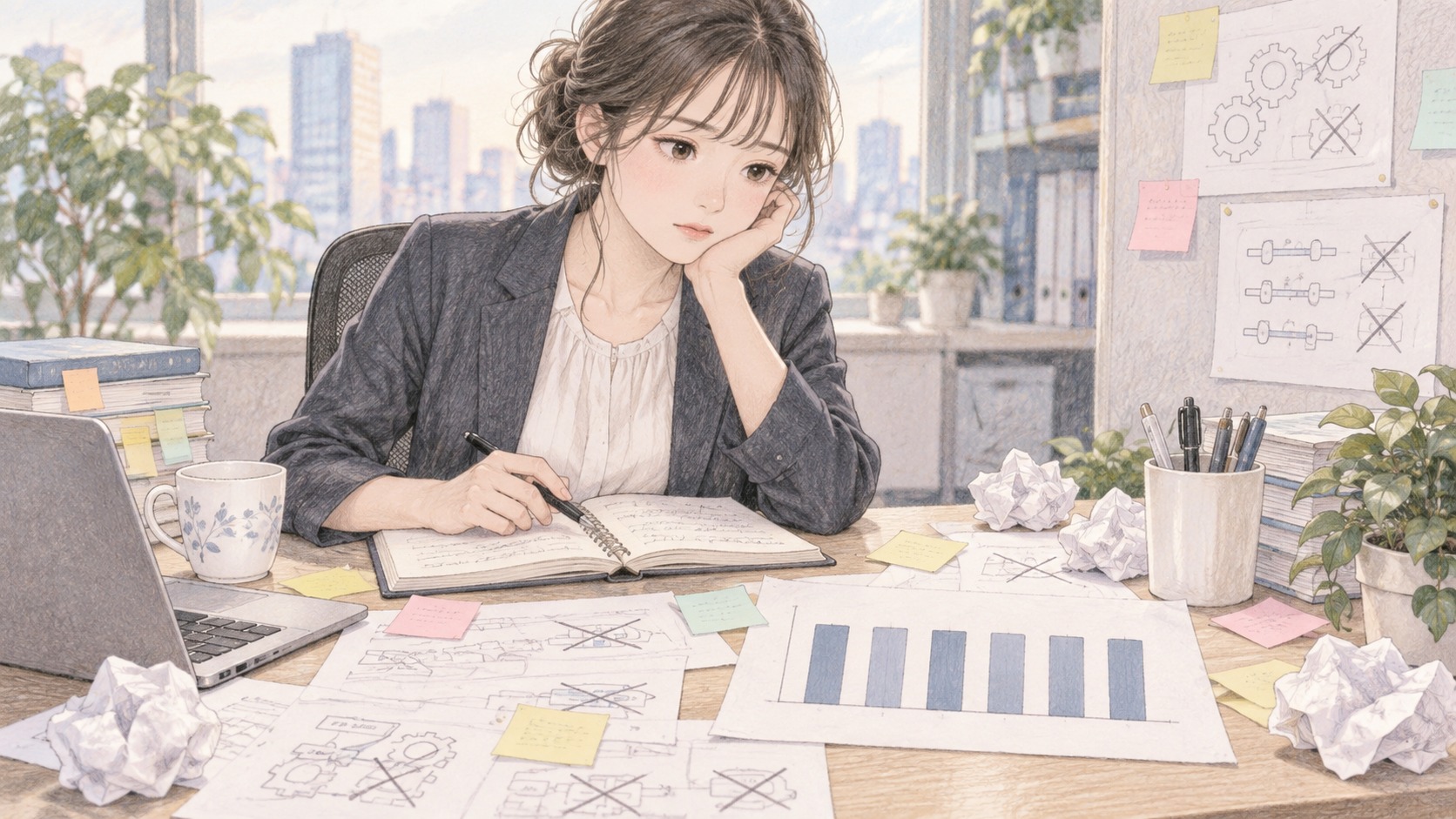 精度の数値が横ばいのまま並ぶ実験記録を見つめる分析担当者