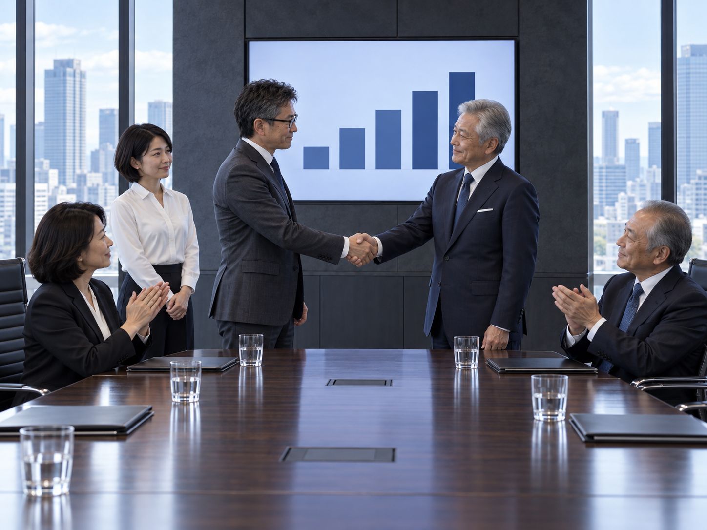 成果を報告し、役員から拍手を受けるマーケティング担当者