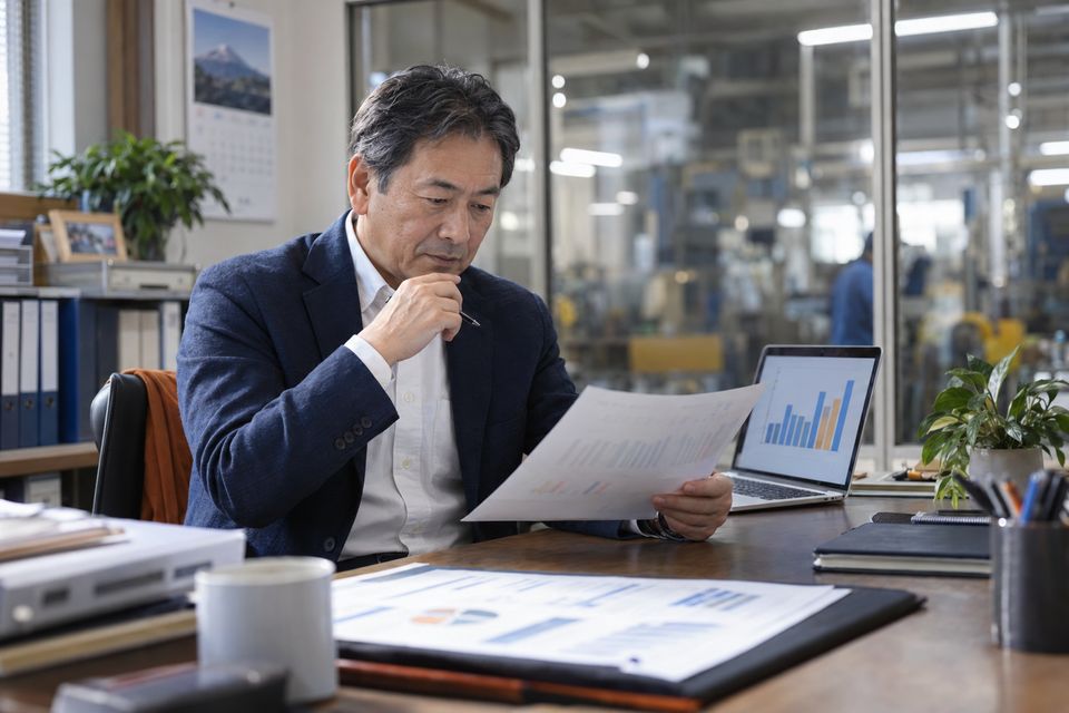 売上資料を前に次の一手を考える製造業の経営者