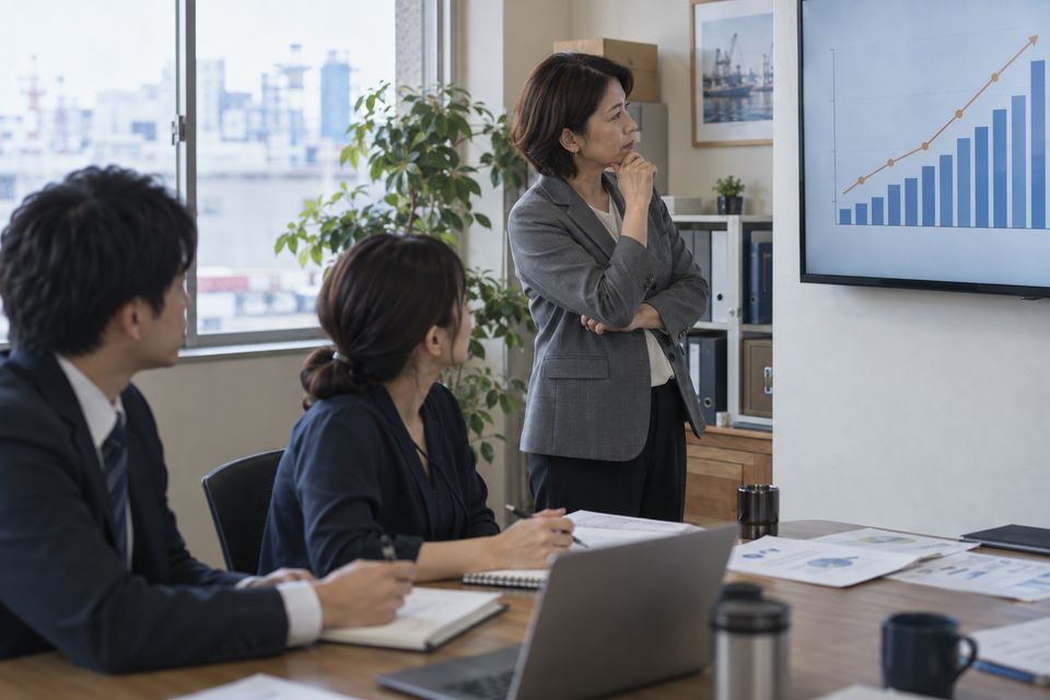 会議室で売上グラフを見ながら打ち手を考える営業責任者