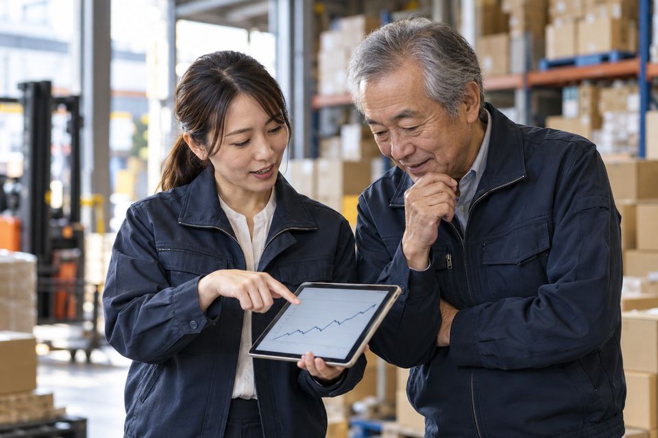 タブレットの売上データを先代と一緒に確認する後継者