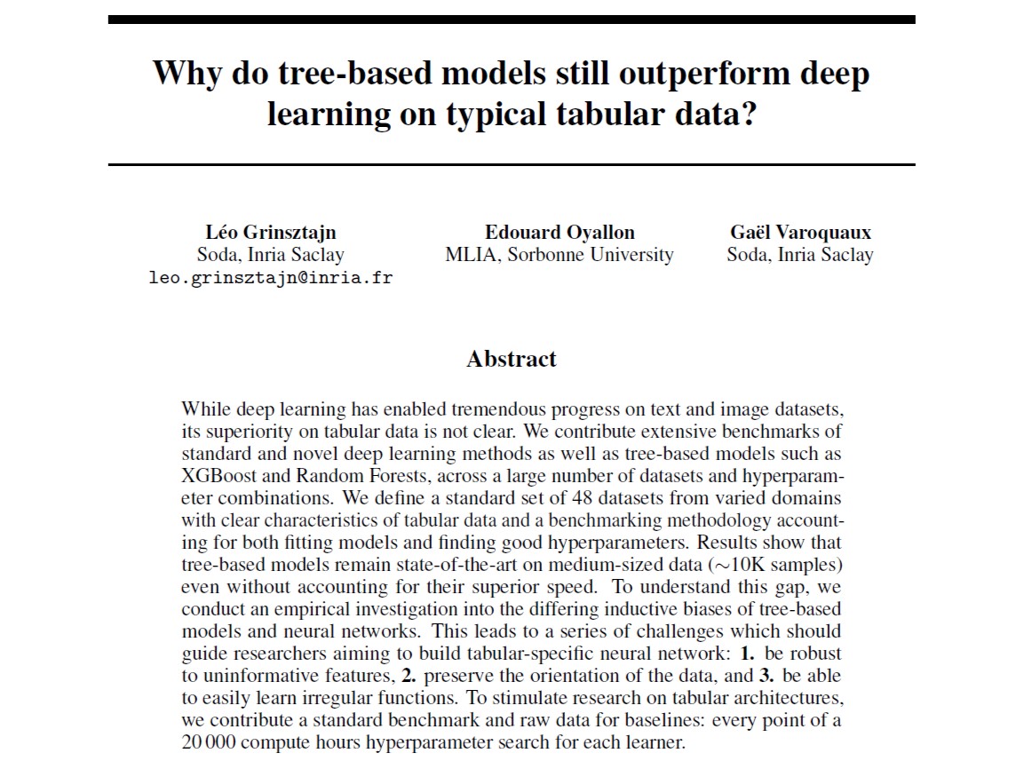 Why do tree-based models still outperform deep learning on typical tabular data ?<br><br>なぜ、テーブルデータでツリーベースのモデルが<br>ディープラーニング（深層学習）モデルを凌駕するのか？