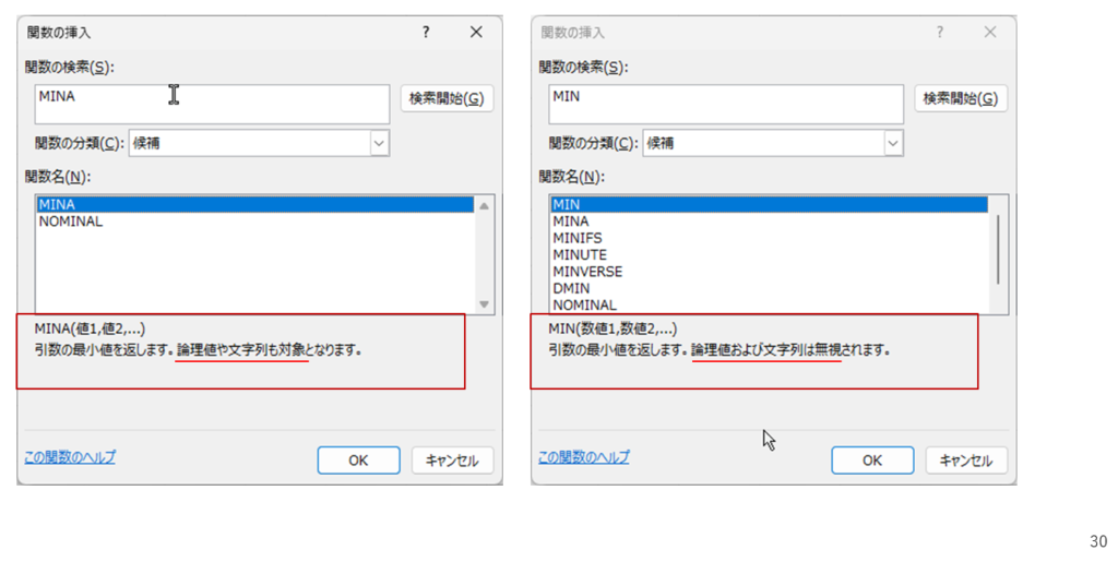 Excel,初心者,関数,基本,最小値,MIN,MINA,違い,空白,文字列,論理値,TRUE,FALSE,0,使い分け,どちら
