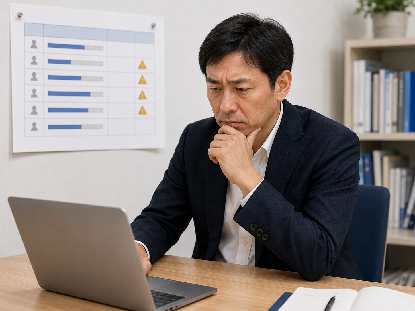 生徒管理表を前に悩む塾の講師
