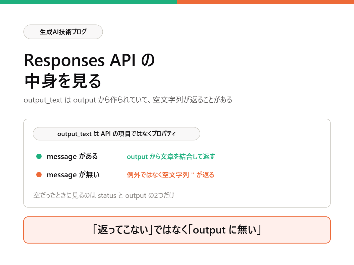 Responses APIの中身を見る<br>output_textが空文字列になる場面と、会話のつなぎ方